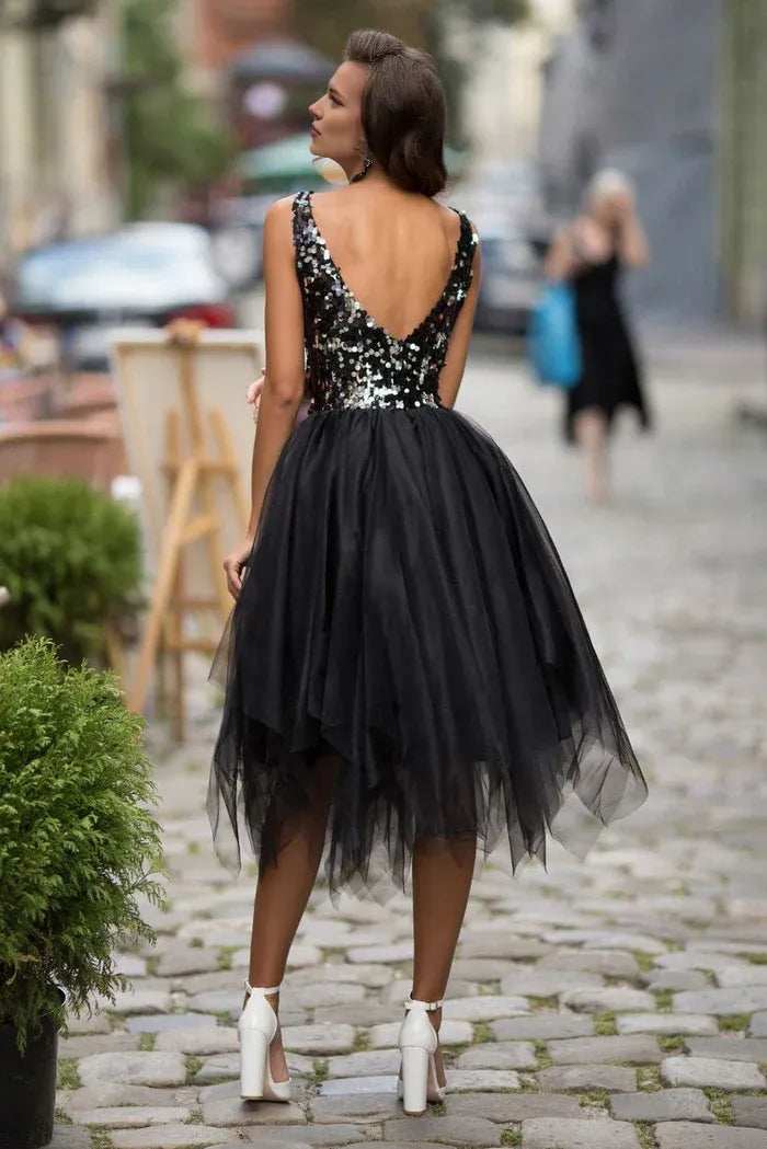 Weitese Dress A-Line Tea Length Black Backless Party Dress Sequins Tulle Homecoming Dress